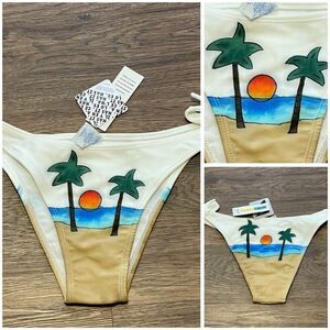 NWT Linnea Hand Painted Bikini Bottom Made In Brazil Palm Tree White Tan Blue L